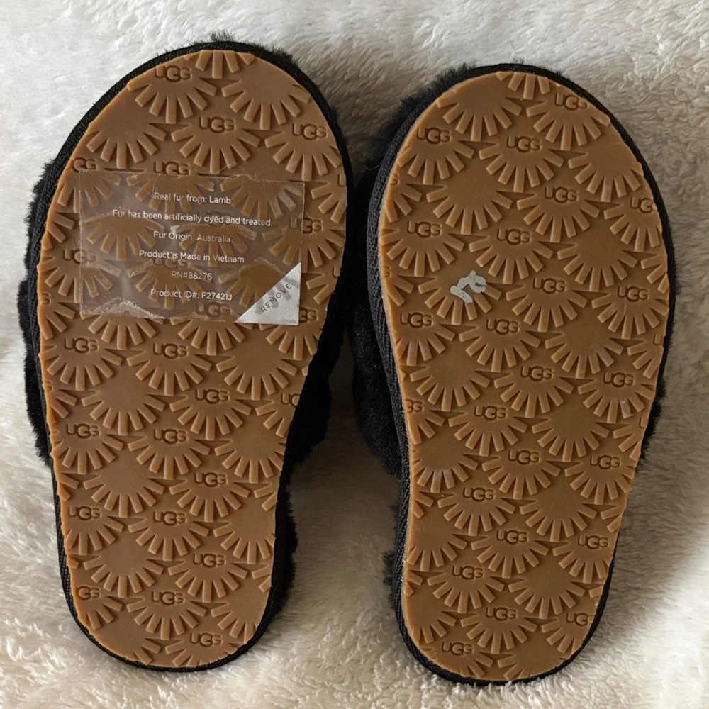 UGG Kids Black Furry Slide Sandals with Branded Heel Strap